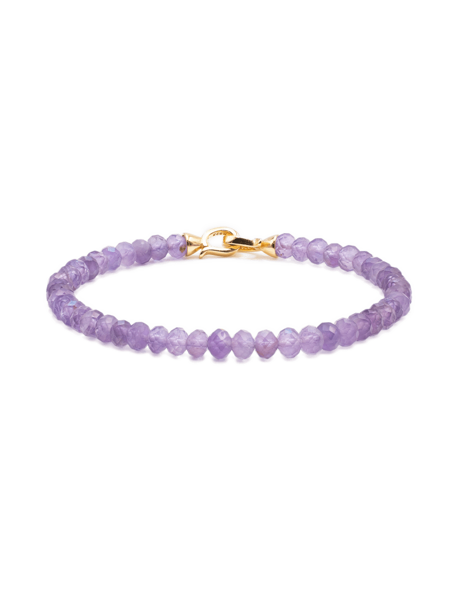Amethyst February birthstone bracelet with faceted beads and gold clasp for spiritual growth and inner peace.