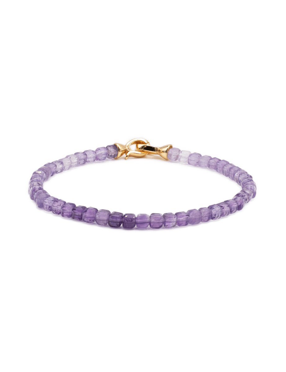 Amethyst February birthstone bracelet with 4x4mm beads and golden clasp, symbolizing spirituality and peace.