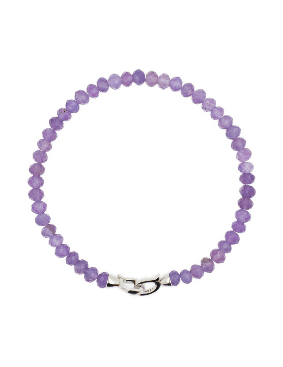 Amethyst faceted bracelet for men with 4mm beads and sterling silver clasp, symbolizing spirituality and clarity.