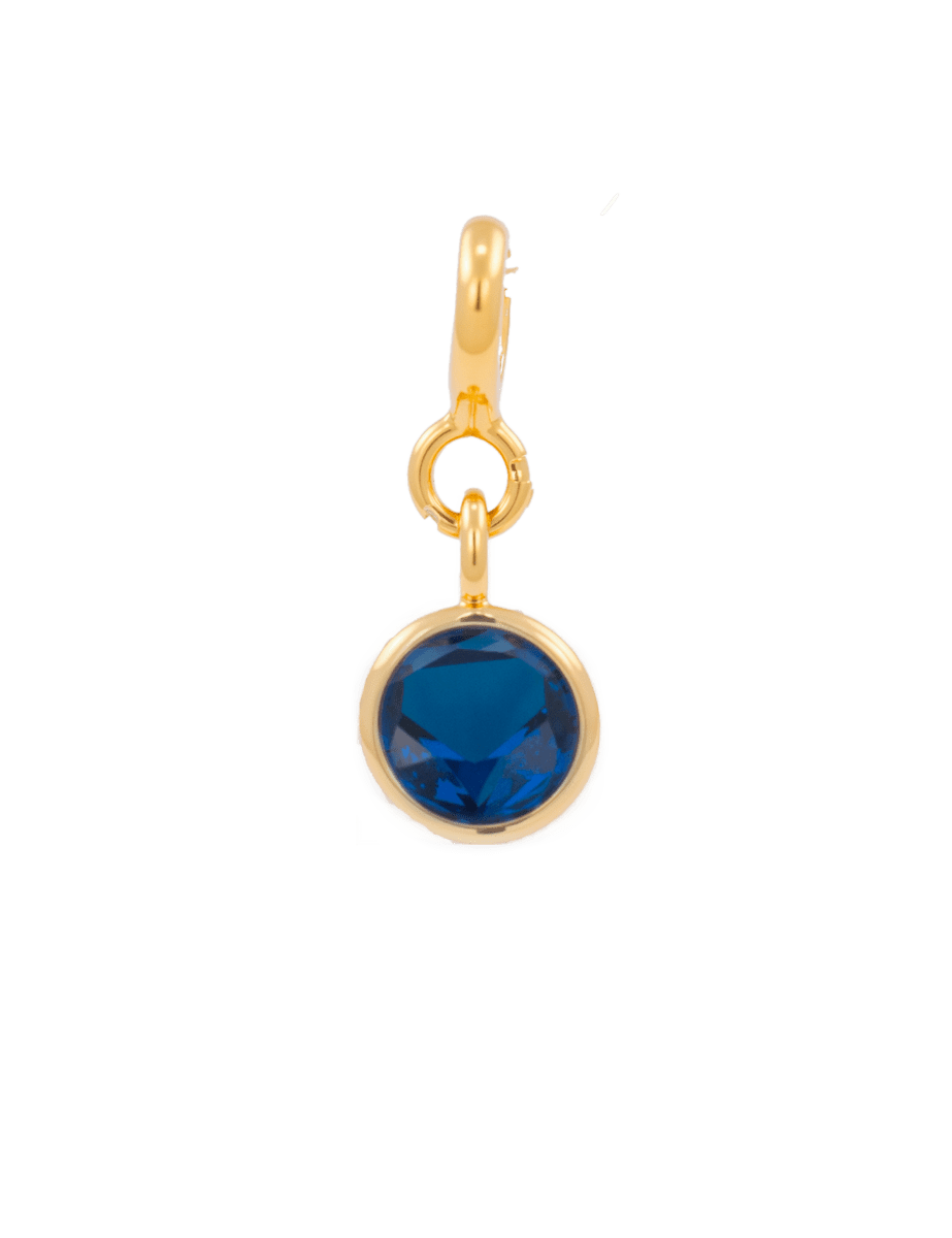 Spirituality Dark Blue Zircon Charm in gold setting, promoting spiritual growth and introspection.