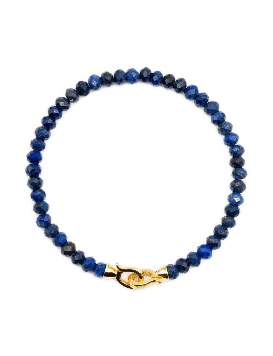 Elegant Lapis Lazuli bracelet for men, featuring 3x4mm faceted beads and golden clasp for spiritual connection.