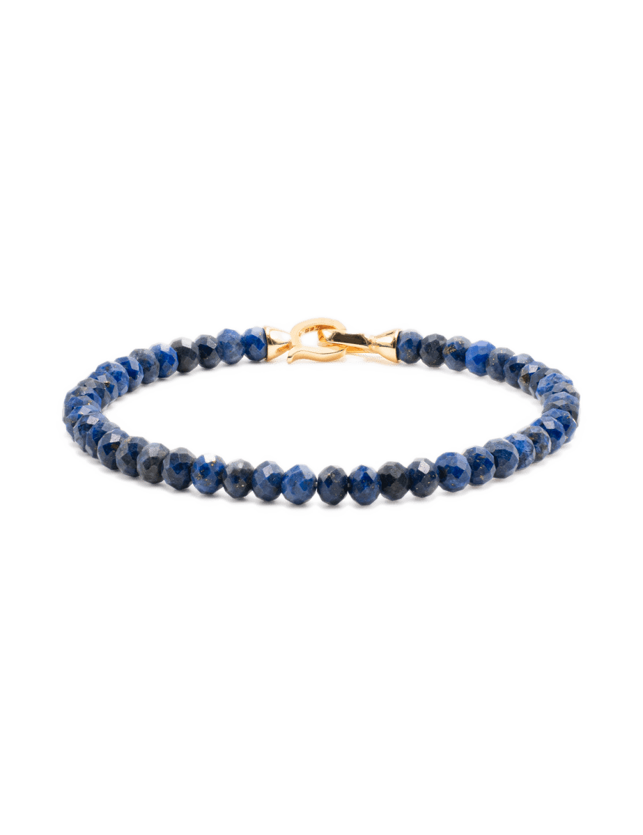 Elegant Lapis Lazuli bracelet with 3x4mm beads and gold clasp, ideal for men's spiritual journeys.