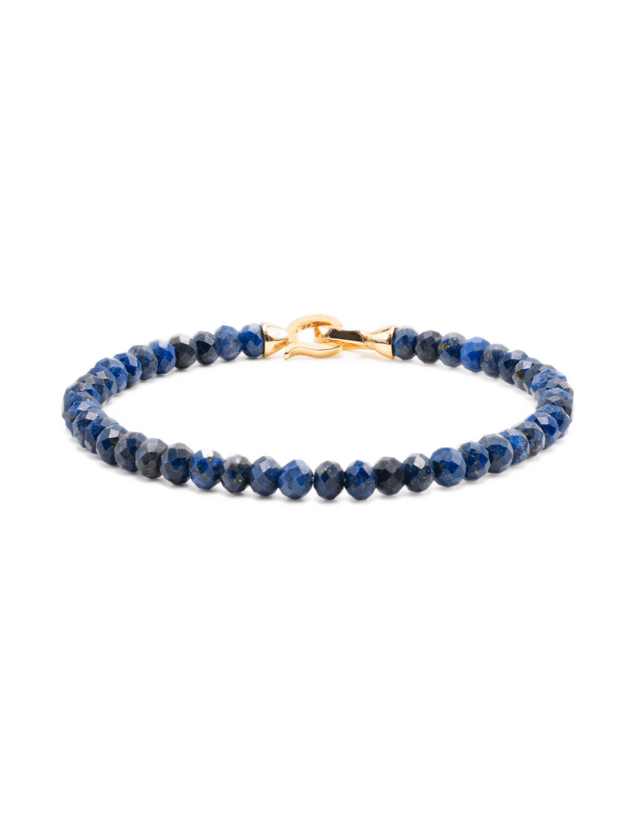 Elegant Lapis Lazuli bracelet with 3x4mm beads and gold clasp, ideal for men's spiritual journeys.
