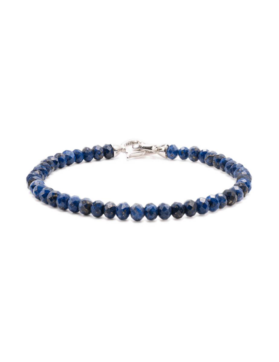 Elegant Lapis Lazuli bracelet for men with 3x4mm beads and sterling silver clasp, enhancing wisdom and inner peace.