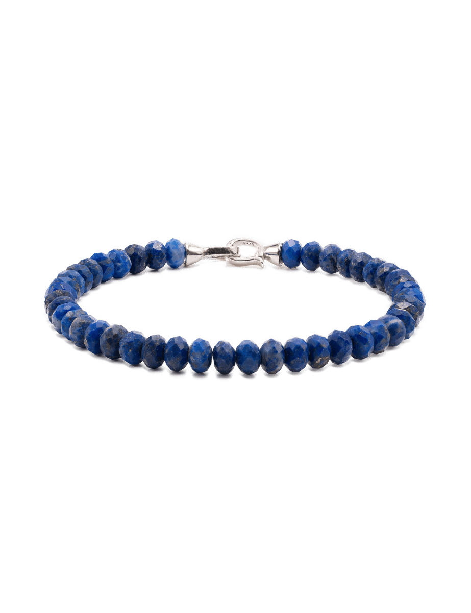 Lapis Lazuli bracelet for men, 4x6mm beads, featuring a 925 sterling silver clasp, symbolizing spiritual connection.