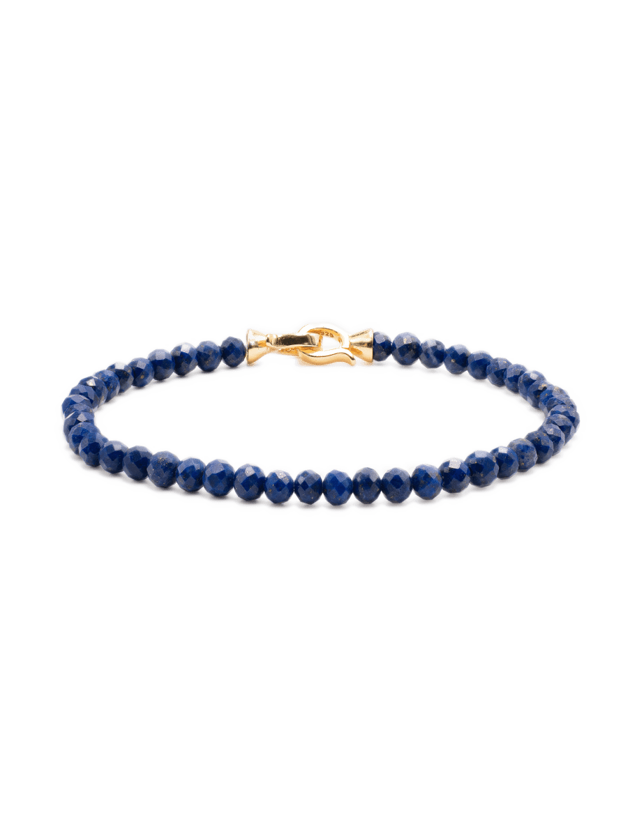 Elegant Lapis Lazuli faceted bracelet for men, 4mm beads, 925 sterling silver clasp, enhances intuition and inner peace.