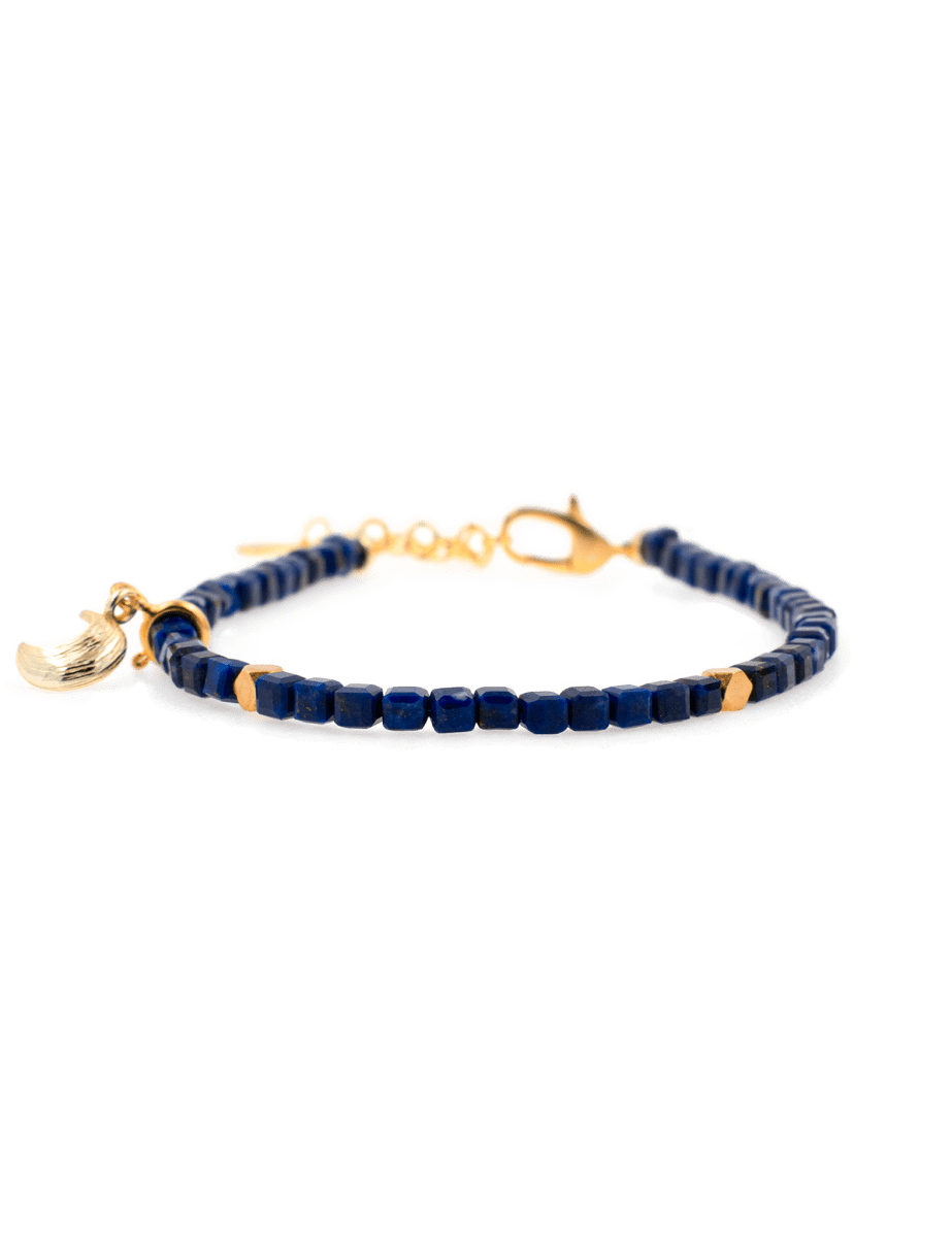 Spirituality Lapis Lazuli bracelet with silver spacer bead and moon charm, promoting wisdom and intuitive guidance.