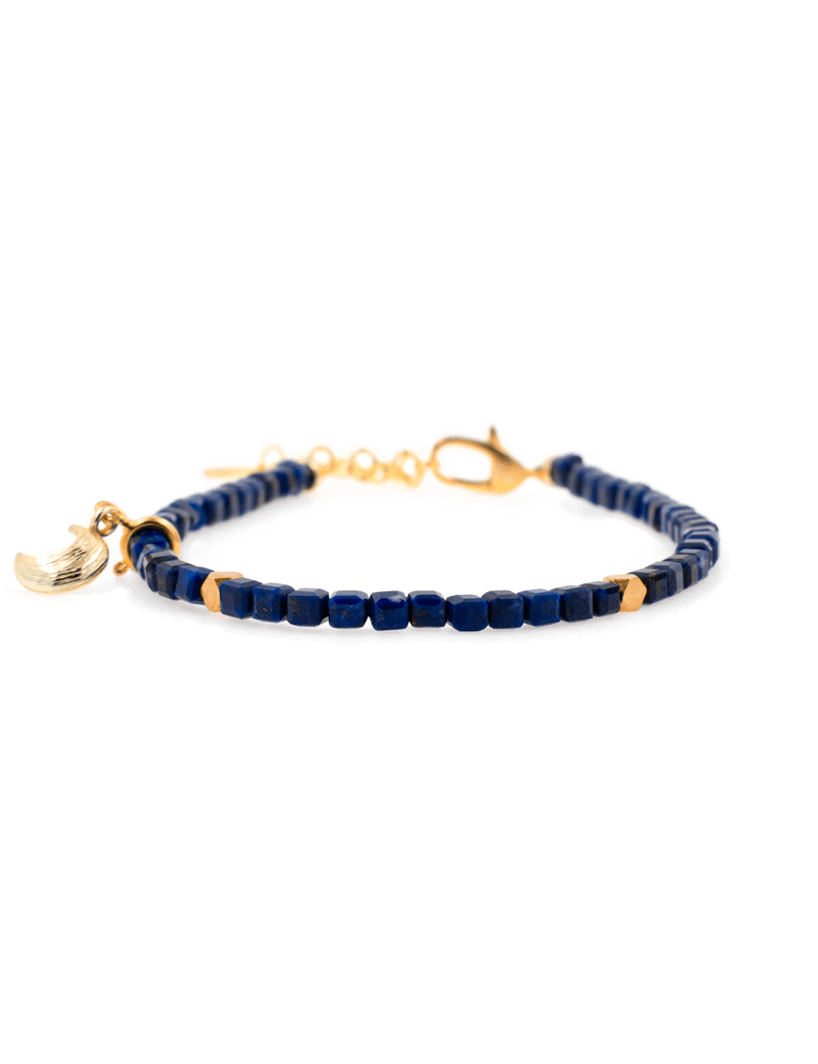 Spirituality Lapis Lazuli bracelet with silver spacer bead and moon charm, promoting wisdom and intuitive guidance.