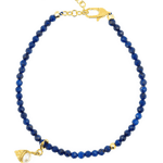 Lapis Lazuli faceted bracelet with gold clasp and pearl charm, symbolizing spirituality and playfulness.