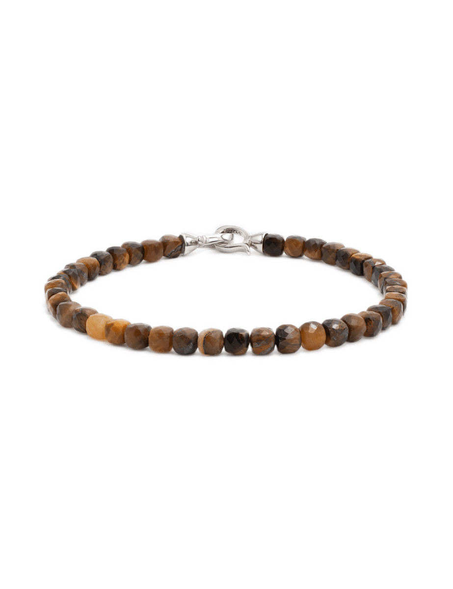 Men's Success Yellow Tiger’s Eye bracelet, 4x4mm beads, 925 sterling silver clasp, promoting courage and personal power.