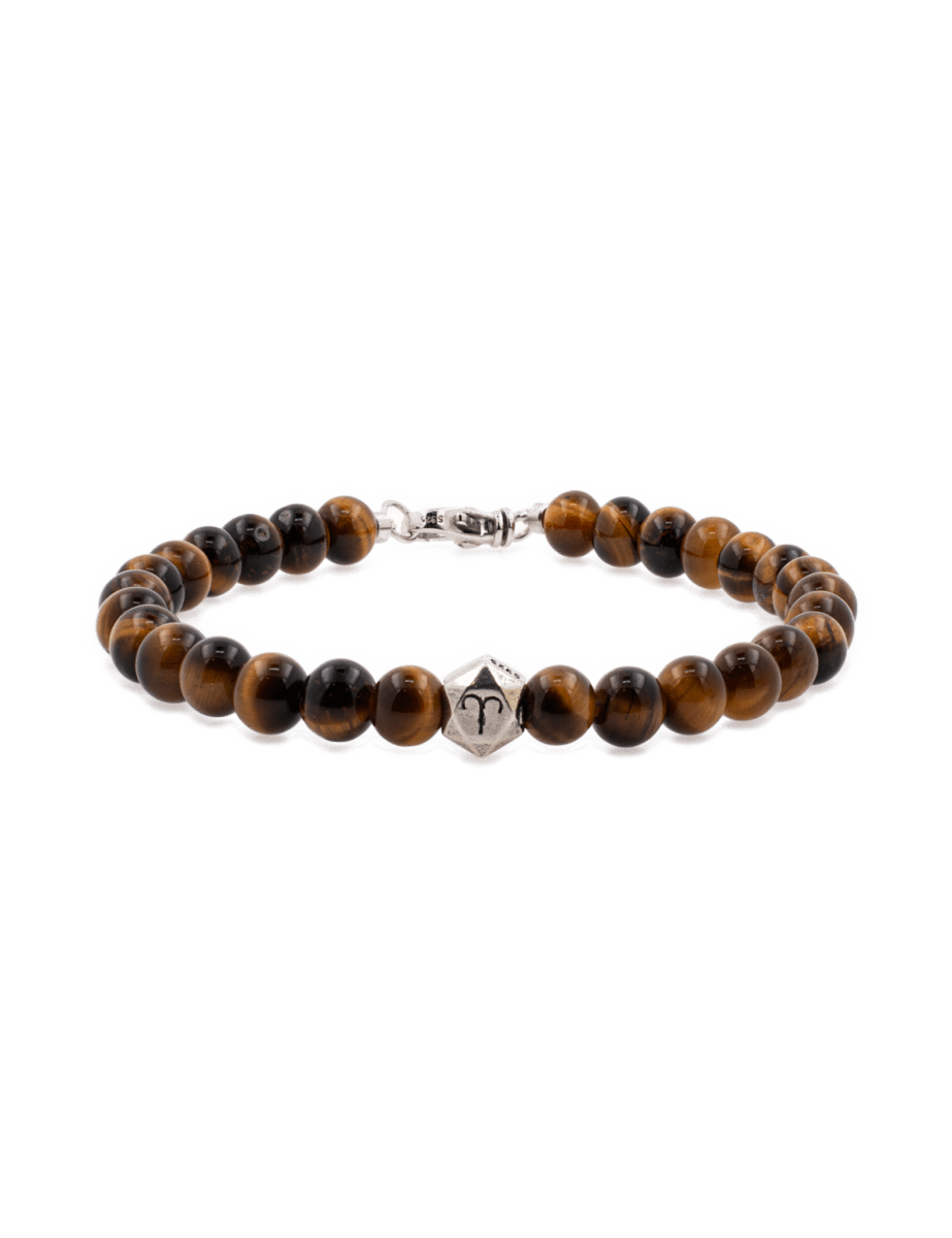 Tiger Eye bracelet for men with 6mm beads and sterling silver zodiac spacer, promoting confidence and focus.