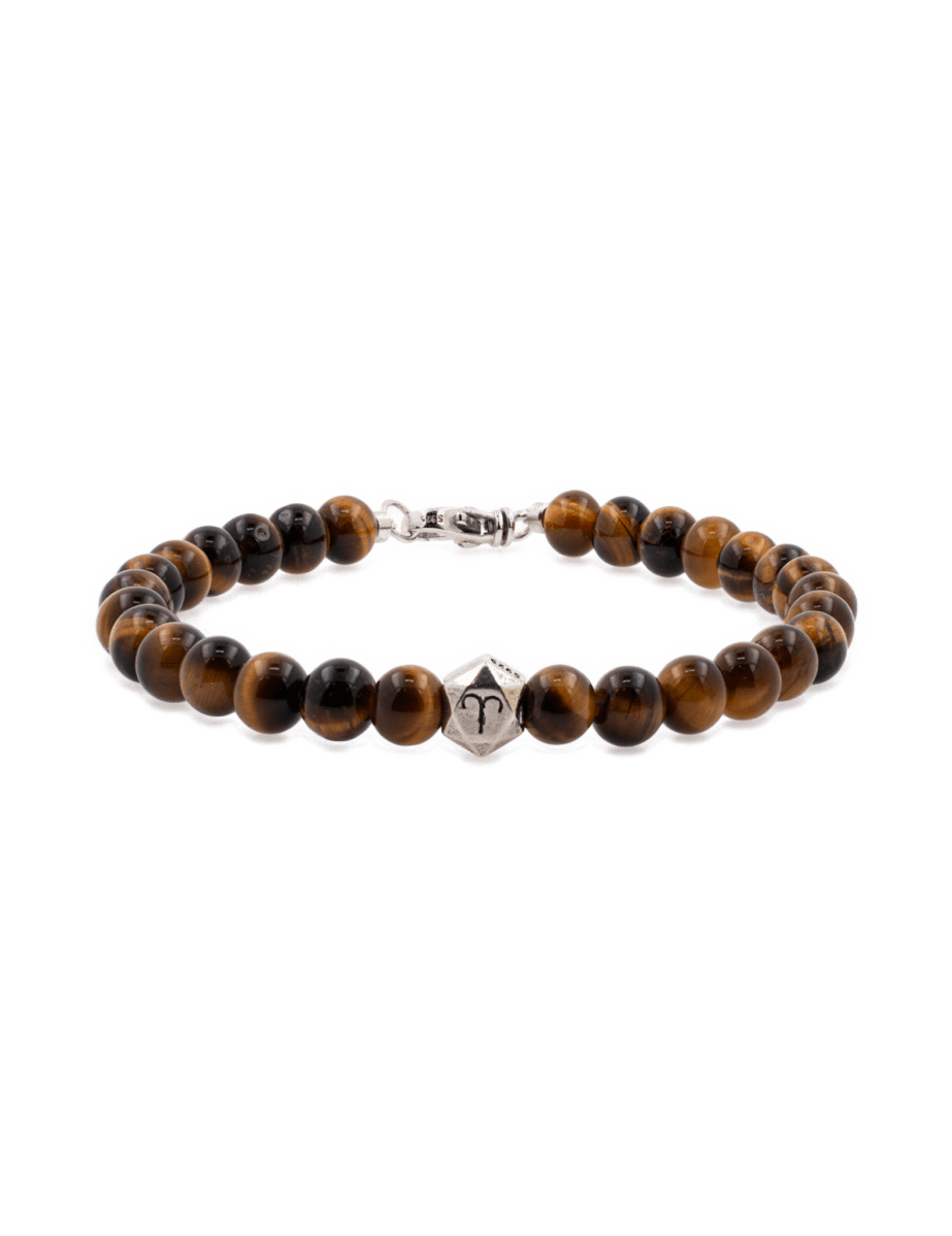 Tiger Eye bracelet with sterling silver zodiac spacer beads, featuring 6mm beads, for men, promoting confidence and focus.