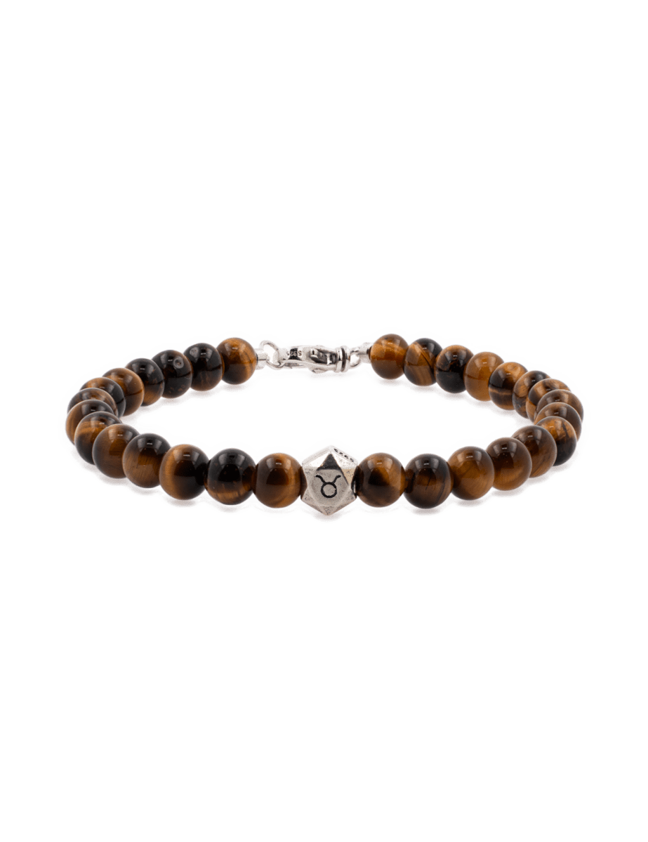 Tiger eye bracelet for men with 6mm beads and sterling silver zodiac spacers, symbolizing strength and focus.