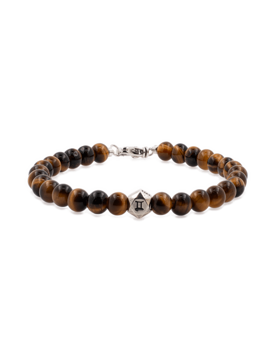 Tiger Eye bracelet for men with 6mm beads and sterling silver zodiac spacers, promoting confidence and focus.