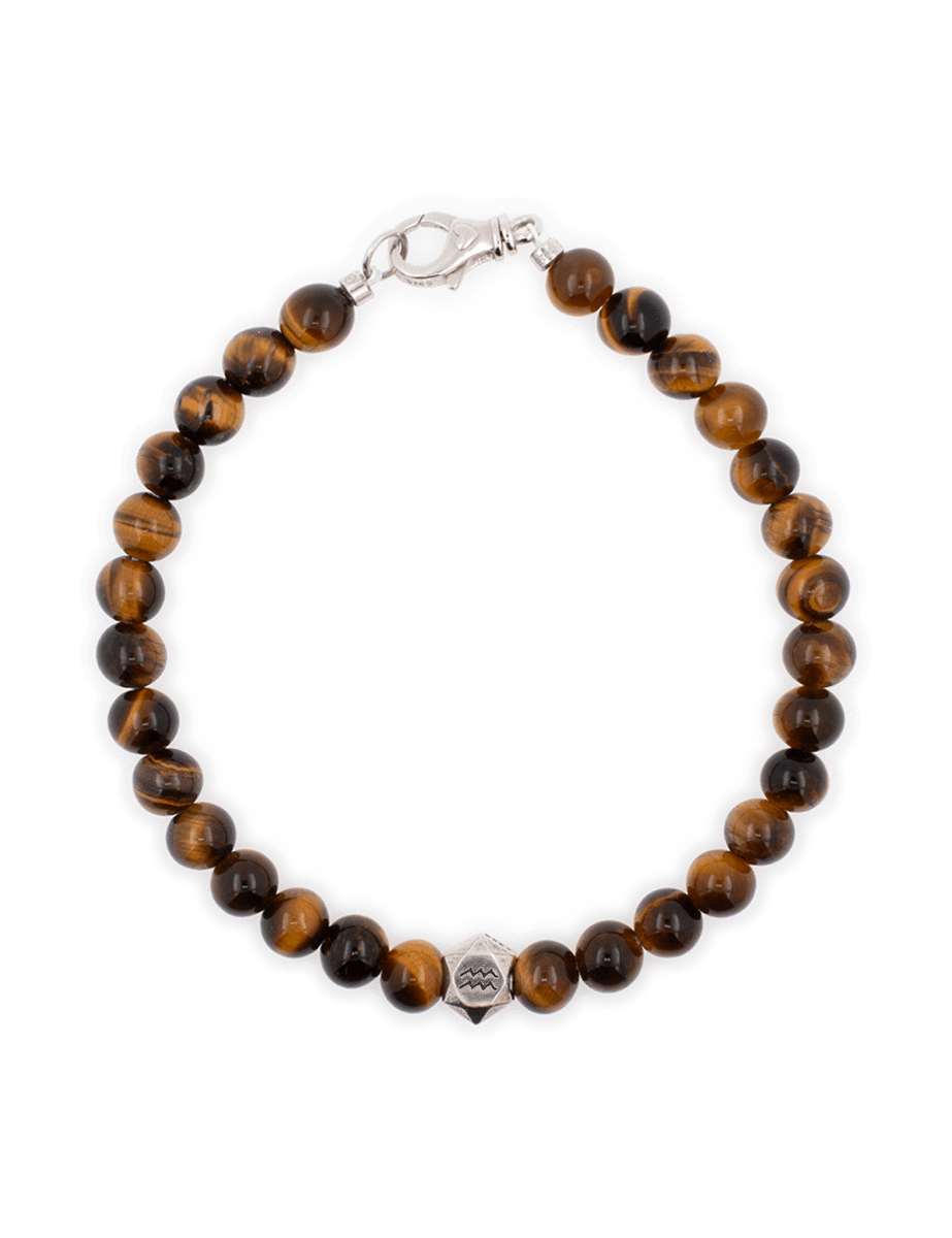 Tiger eye bracelet for men with 6mm beads and sterling silver zodiac spacer, promoting confidence and focus.