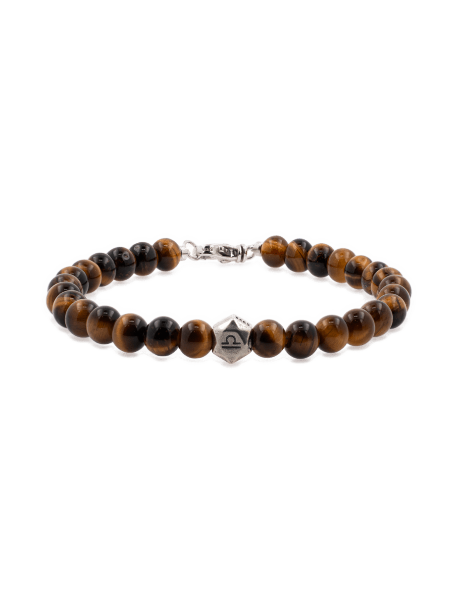 Tiger Eye bracelet with sterling silver zodiac spacers, 6mm beads promoting confidence and focus for men.