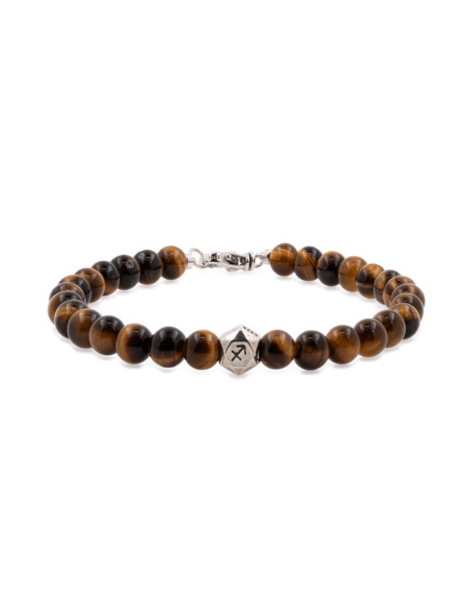 Tiger eye bracelet with sterling silver zodiac spacer beads, 6mm size, promoting confidence and focus.