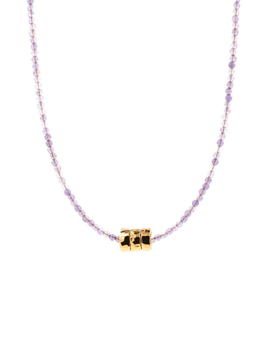 Tranquility Amethyst Dainty Necklace with Gold-Plated Nugget, featuring soft purple beads and a hammered texture.