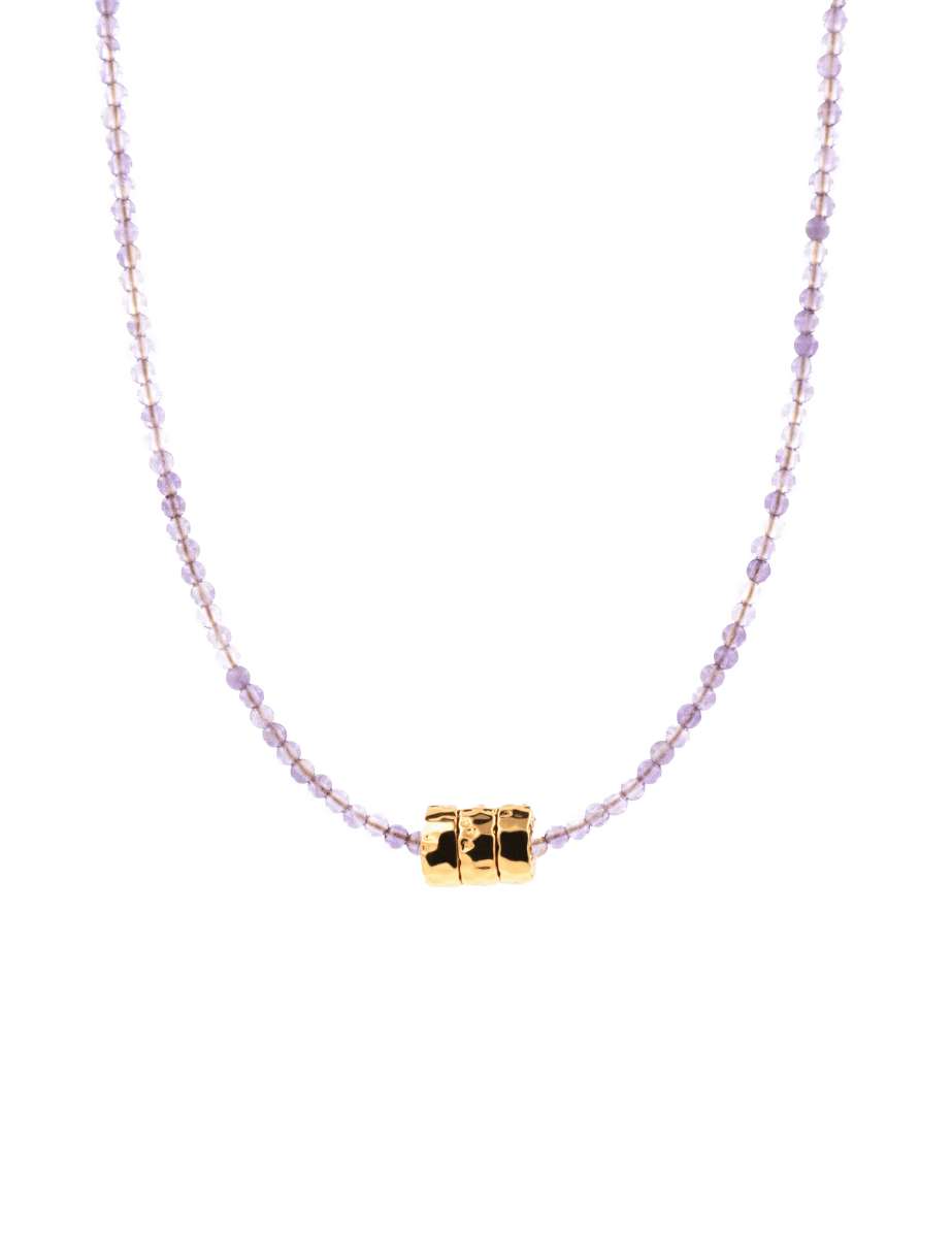 Tranquility Amethyst Dainty Necklace with Gold-Plated Nugget, featuring soft purple beads and a hammered texture.