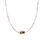 Tranquility Amethyst Dainty Necklace with Gold-Plated Nugget, featuring soft purple beads and a hammered texture.