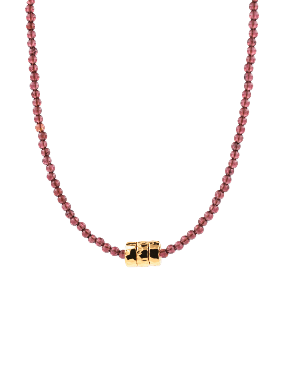 Vitality Garnet dainty necklace featuring red agate beads and gold-plated sterling silver nugget.