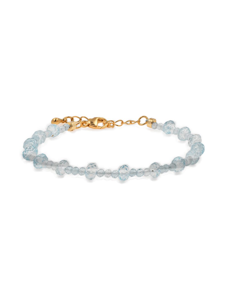 Dainty aquamarine faceted bracelet with gold clasp, symbolizing clarity and emotional balance.