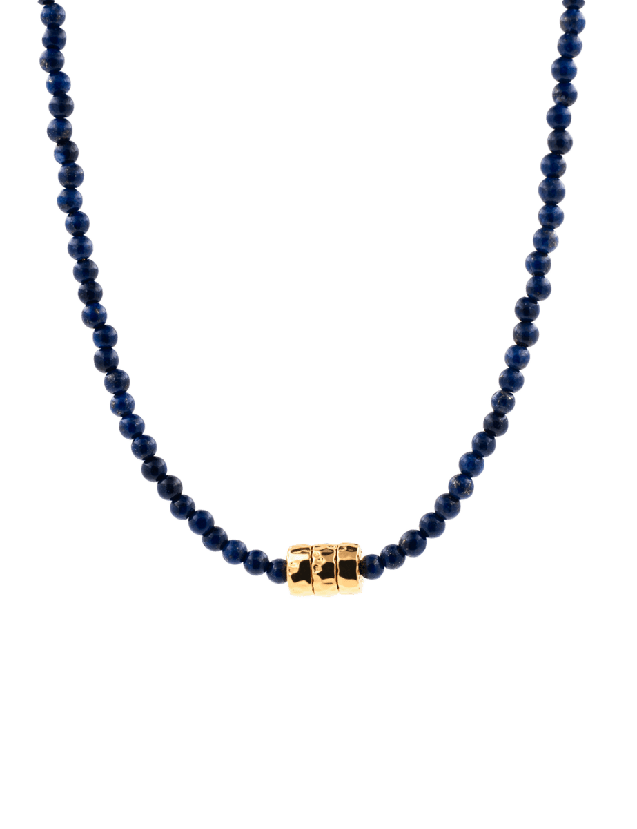 Wisdom Lapis Lazuli Dainty Necklace featuring gold-plated nugget and deep blue lapis lazuli beads.