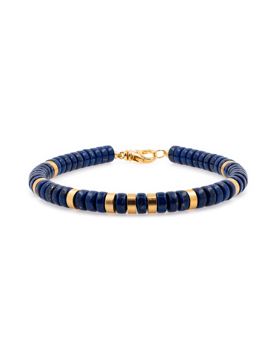 Lapis Lazuli and gold-plated sterling silver faceted bracelet for men, featuring 6x2mm beads, elegant design.