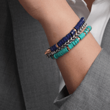 Men's wrist adorned with colorful Lapis Lazuli and turquoise bracelets, showcasing style and elegance.