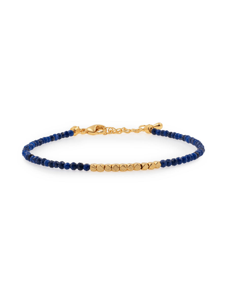 Wood Lapis Lazuli bracelet with silver spacer beads, promoting intuition and communication.