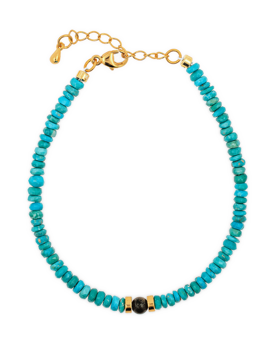 Wood Verdant Harmony Turquoise & Sandalwood bracelet, 3mm, featuring natural turquoise beads and gold accents.